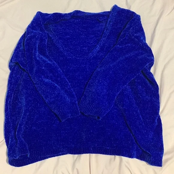 Express Cobalt Blue Chenille 3/4 Sleeve Cropped Loose Fit Sweater US Small - Picture 5 of 13